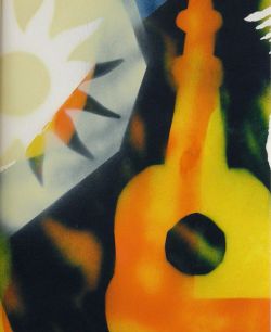 "Du soleil pour nos coeurs": le tableau esquisse un grand soleil jaune en haut à gauche qui brille sur une guitare orange. L'image respire le mouvement. À l'arrière-plan, des segments bleus et rouges se chevauchent pour créer une intensité profonde.